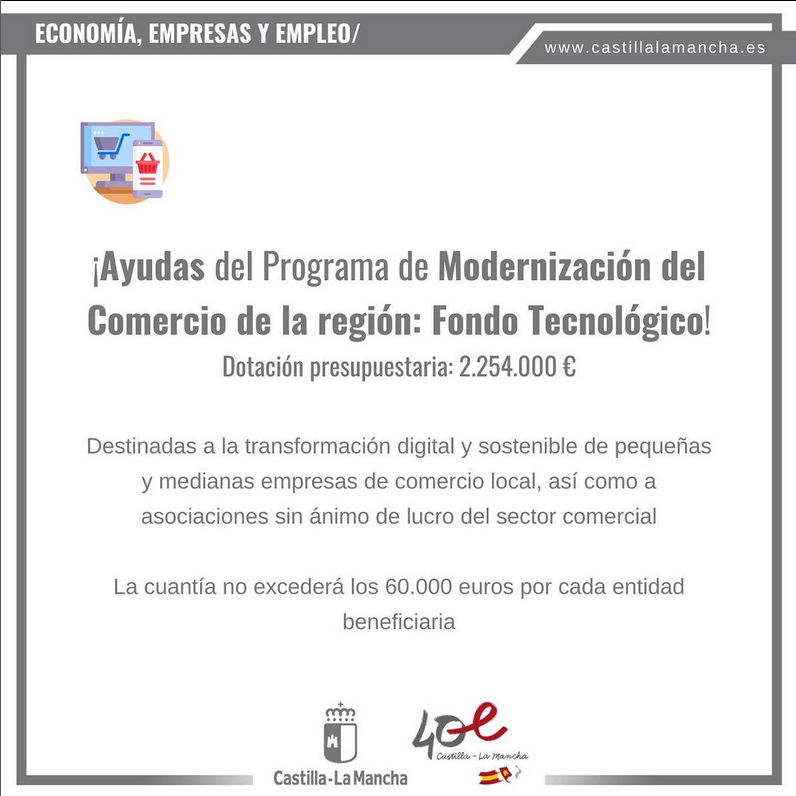 molina_altotajo's tweet photo. 📢 #Ayudas @gobjccm del Programa de Modernización del Comercio de la región, Fondo Tecnológico para financiar el desarrollo de proyectos de contenido tecnológico, innovador y sostenible.

👥 Pequeñas y medianas empresas, asociaciones sin ánimo de lucro sector comercial.
...sigue https://t.co/shqjojQIrC