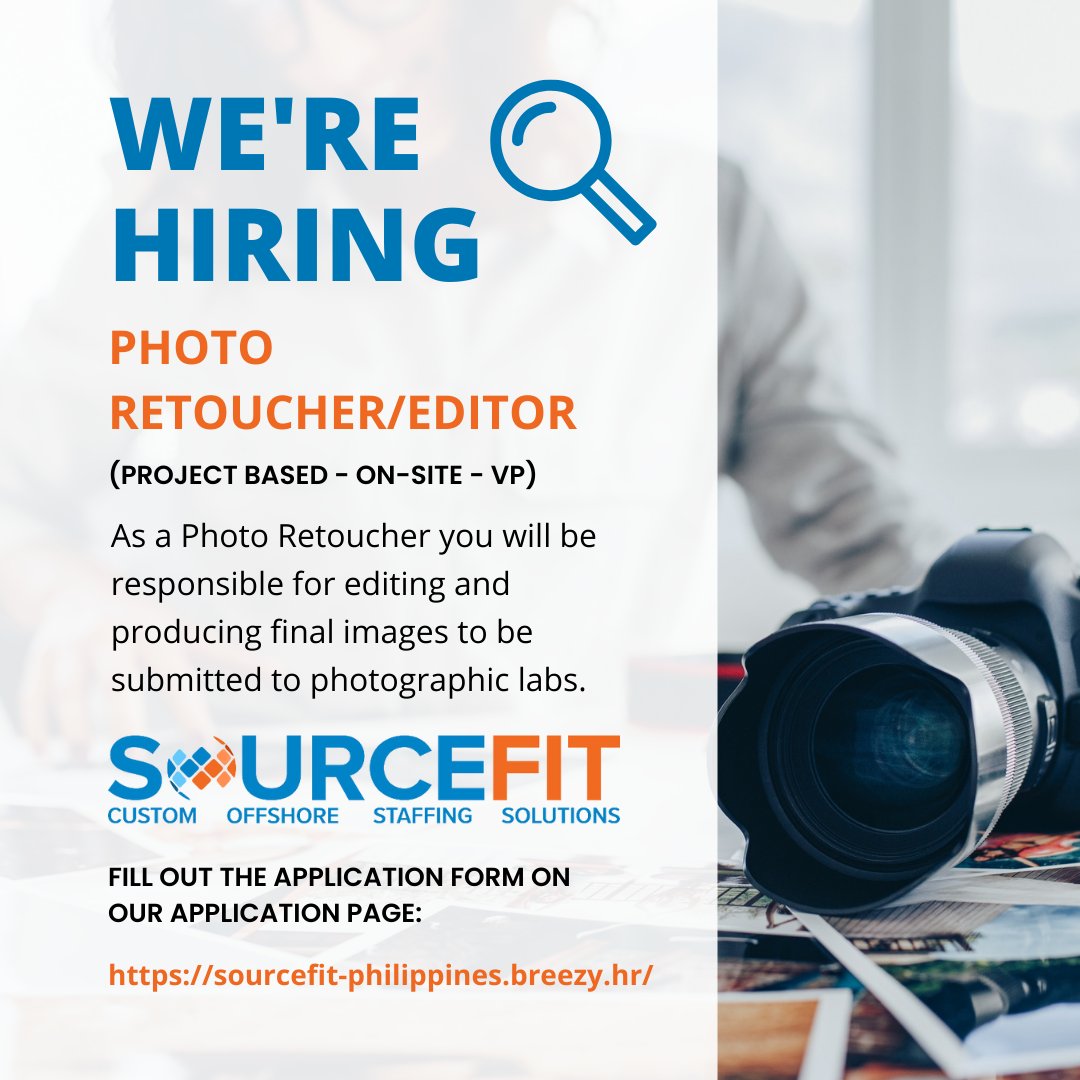 SourcefitHiring's tweet photo. Sourcefit Philippines is looking for a Photo Retoucher. 

Click this link https: https://t.co/99K5WGB4WJ to know more about this amazing opportunity.

#SourcefitJobs #Sourcefit #SourcefitCareers #Careers #Jobs #ApplyNow #Hiring #PhotoRetoucher https://t.co/cO90eLUnoC