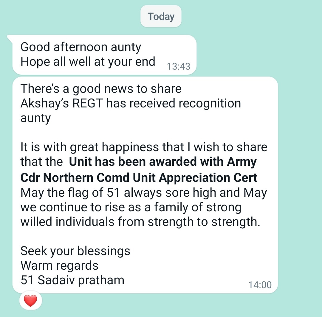 Such messages even six years after raja beta went with his boots on is why we can call ourselves 'Fauji Family' 🙏

#Gratitude #ArmyDay2023
#JaiHind 🇮🇳