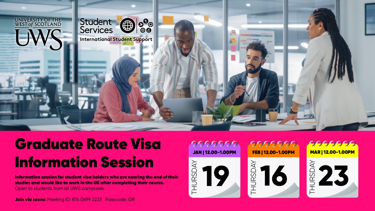Graduate Route visa info sessions for @UniWestScotland international students. Thursday 19 January @ 12noon To join: Meeting ID: 874 0699 2223 & Passcode: GR Or see tinyurl.com/uwsdates for Zoom link.