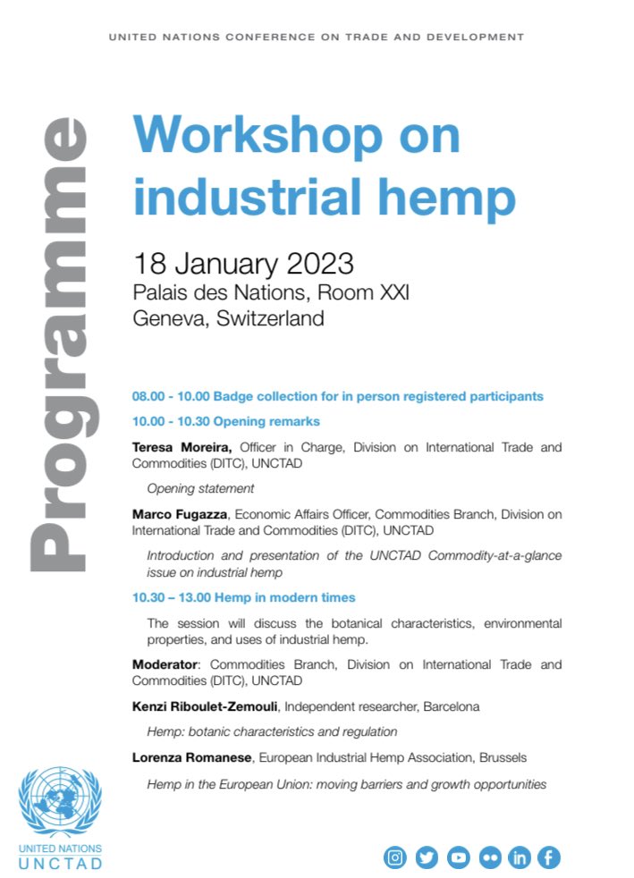 🇺🇳🌱 Wednesday 18/01. 10-18h first @UN @UNCTAD workshop on #IndustrialHemp. Join us, will you? Register for online participation: indico.un.org/event/1003549/