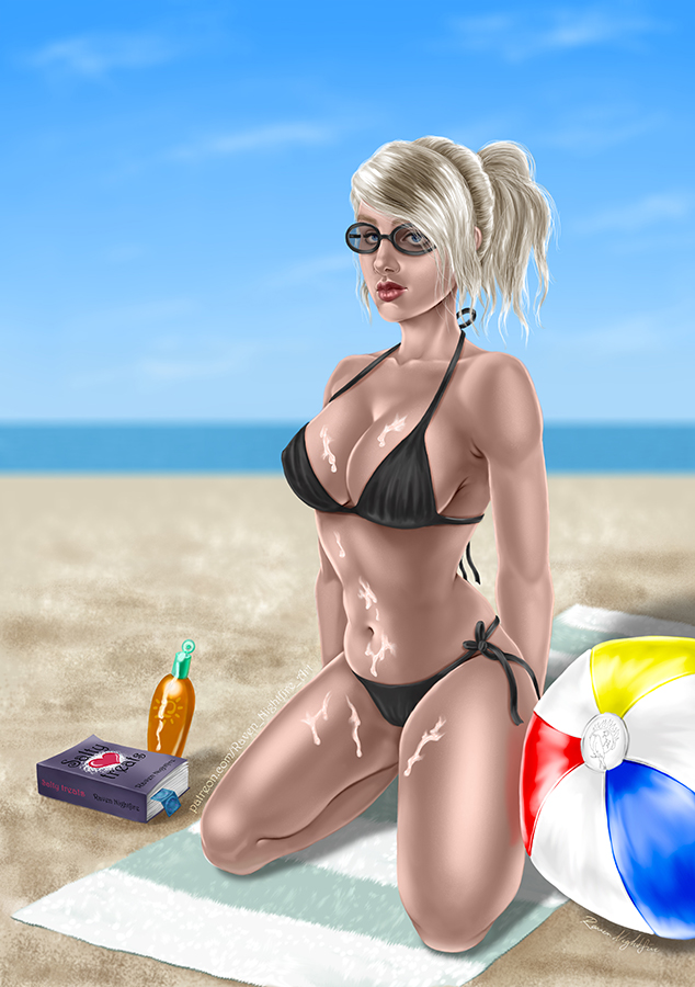 RavenNightfire's tweet photo. "Could you help me with the sun lotion, please?" 
I couldn't decide if I liked the version with or without the sun lotion ready to get rubbed all over or not, so I guess that means bonus versions! Which version is your favourite? #nsfwtw #originalart #nsfwart https://t.co/peaFgoOaPZ
