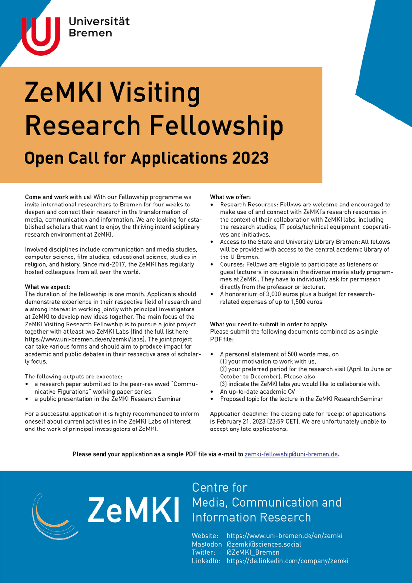ZeMKI_Bremen's tweet photo. Come and work with us! Open Call for Applications for the ZeMKI Visiting Research Fellowship: 4 weeks of (paid) research in the beautiful city of @Bremen_de at @UniBremen. Please send us your application by February 21, 2023: https://t.co/qwEkSBm3Yc https://t.co/vKIF9HV60s
