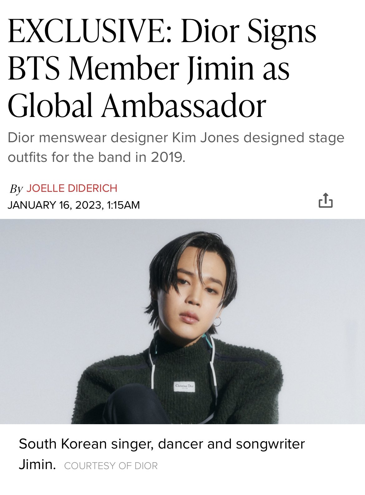 BTS's Jimin becomes global ambassador for Dior