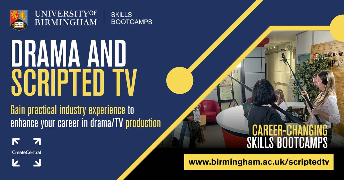 CreateCentralUK's tweet photo. 🚨 Back by popular demand.
💫 Skills Bootcamp in Drama and Scripted TV returns!

Are you are interested in working in film &amp; drama production?
Bootcamp opp for college leavers, career-changers &amp; people over the age of 19 living in the #WestMidlands 
Apply https://t.co/5n6TfNFZmb https://t.co/KL9piXgXMy