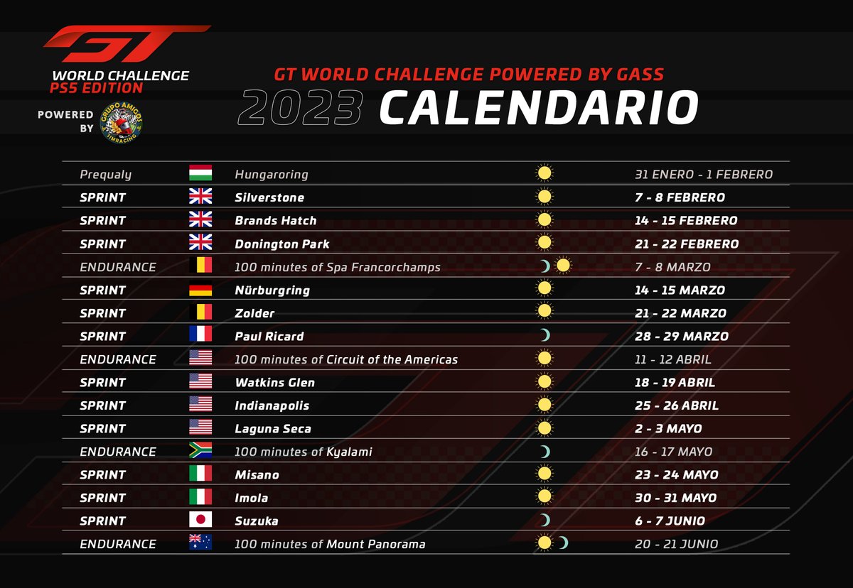 AmigosSimRacing's tweet photo. 15 días para que comience la prequaly del 🌍GT World Challenge de @AmigosSimRacing en #ACC de #PS5. 72 pilotos pelearán por una plaza en el campeonato, que será íntegramente retransmitido por Twitch. Aquí os dejamos nuestro calendario.😏

Más información en nuestro discord. #GASS https://t.co/BZmSDFr5wL