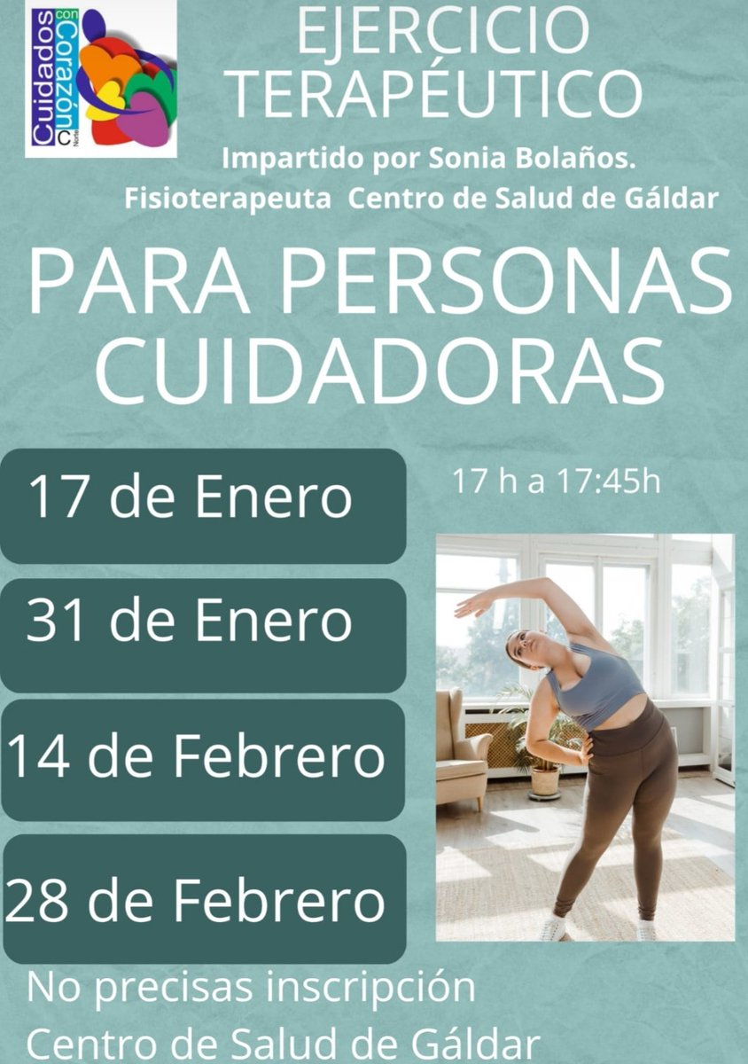 CSaludGaldar's tweet photo. Seguimos con las actividades de #educacionparalasalud Con un taller de cuatro sesiones de Ejercicios Terapéuticos para #personascuidadoras

Si estas cuidando y perteneces a las zonas básicas de Gáldar, Sta M. De Guía, Agaete y Moya.
Te esperamos https://t.co/vgFUZmnBhJ