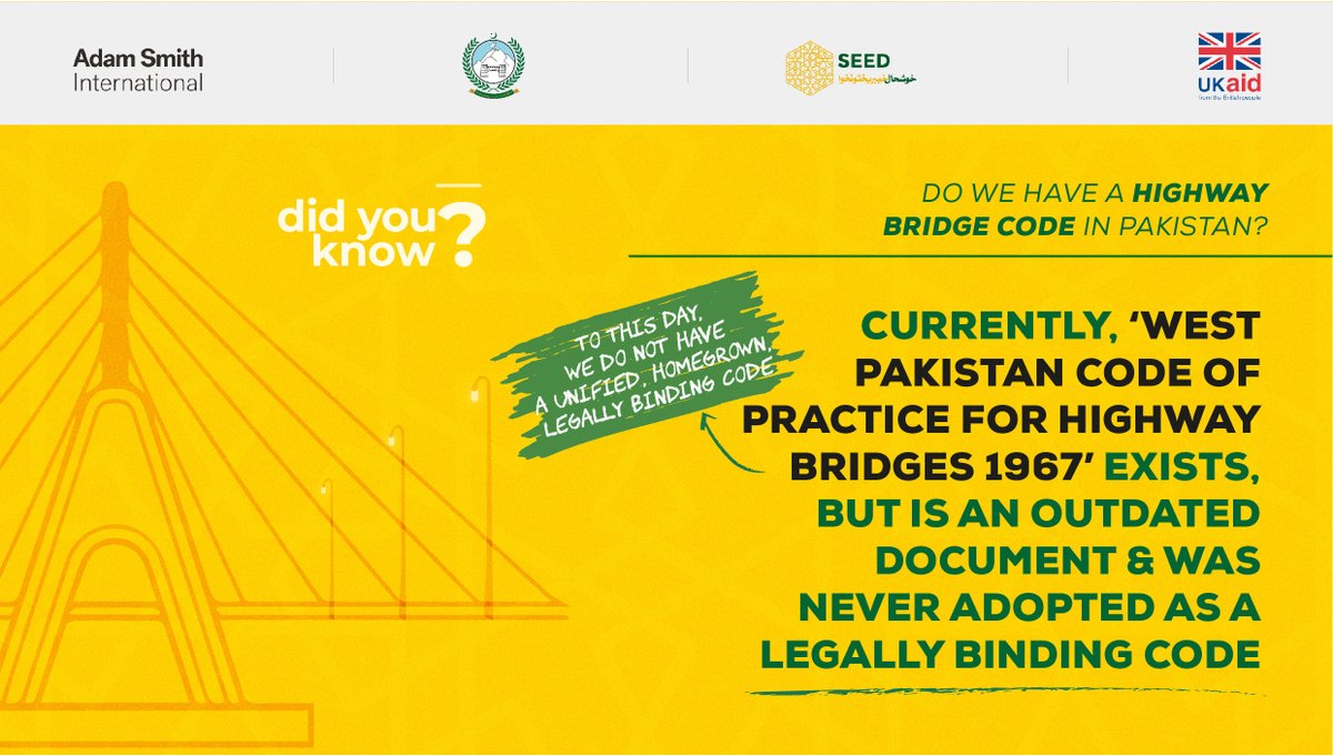 SEEDinPakistan's tweet photo. 3/4 Pakistan has a 54-year-old Bridge Code prepared in 1967 based on the 1935-era British Code. SEED’s initiative for new indigenous #BridgeCode for #KP aims to address that gap by adapting latest version of AASHTO code in the context of local design specs and #ClimateResilience. https://t.co/NJ8AXCrOWe