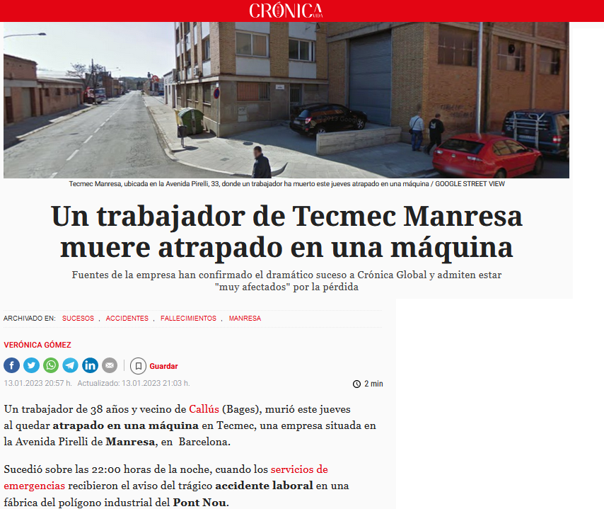 prensacgt's tweet photo. ◾️  El 13 de enero en #Manresa un “accidente laboral” acabó con la vida de este trabajador cuando quedó atrapado en una máquina de la empresa #TecmecManresa. Tenía 38 años. https://t.co/6B8w9iU29S