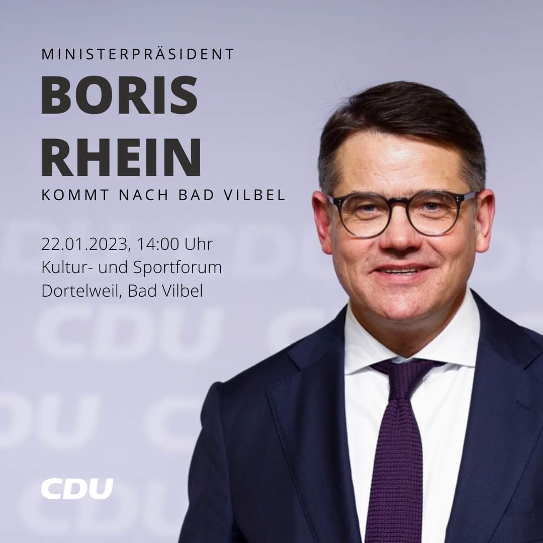 Am Sonntag kommt Ministerpräsident Boris Rhein nach Bad Vilbel! Los geht's um 13:30 Uhr im Kultur- und Sportforum Dortelweil 🤩Sei dabei 👉 cduwetterau.de/formulare/nje2… #badvilbel <a href="/cduhessen/">cduhessen</a> #wetterau