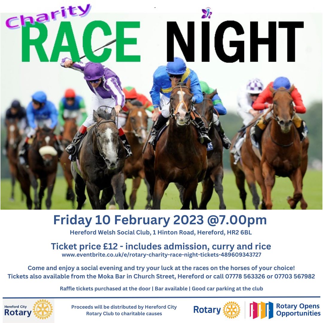 We're really excited to let you know that our first fundraising event of 2023 is coming up.

We do hope you'll be able to come along &amp; have a fun night with us.

Tickets here eventbrite.co.uk/e/rotary-chari…

#herefordhour #rotary #charity #events