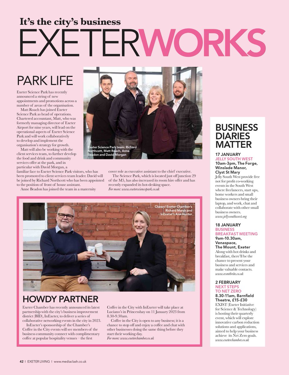 ExeterLiving's tweet image. January networking events, collaborations, and success stories galore – catch up on all the latest business news in our current issue here: rb.gy/zzeczz

@exeterchamber @tweetinexeter @hotelindigo @TheFamilyLawCo @ExeterSciencePk

#Exeter #Exeternetworking