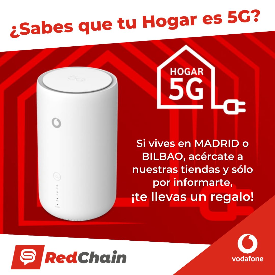 RedChainGrupo's tweet image. ¿Sabes que tu hogar es 5G?
Si vives en #Madrid o #Bilbao, acércate a nuestras tiendas y sólo por informarte, ¡te llevas un regalo!

#Hogar5G, la alternativa móvil a la fibra óptica.
#RedChain, #Vodafone #retail #5G.