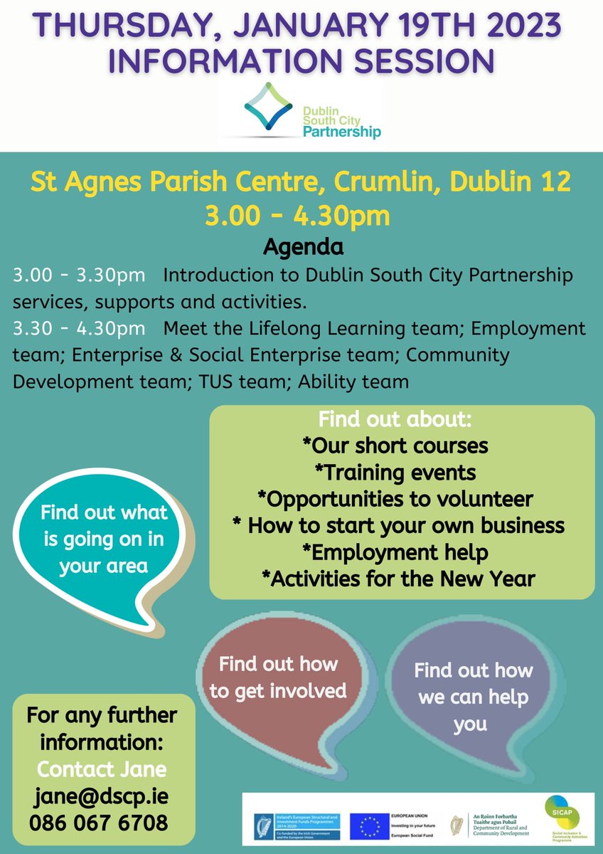 WGRC_D12's tweet photo. Dublin South City Partnership are hosting an Info Session on Thursday January 19th, 3-4.30pm in St Agnes Parish Hall, Crumlin Village. 
It's a chance to meet the different teams in DSCP and learn about the services they offer and courses/training opportunities coming up in 2023. https://t.co/kgWMOTZSCi