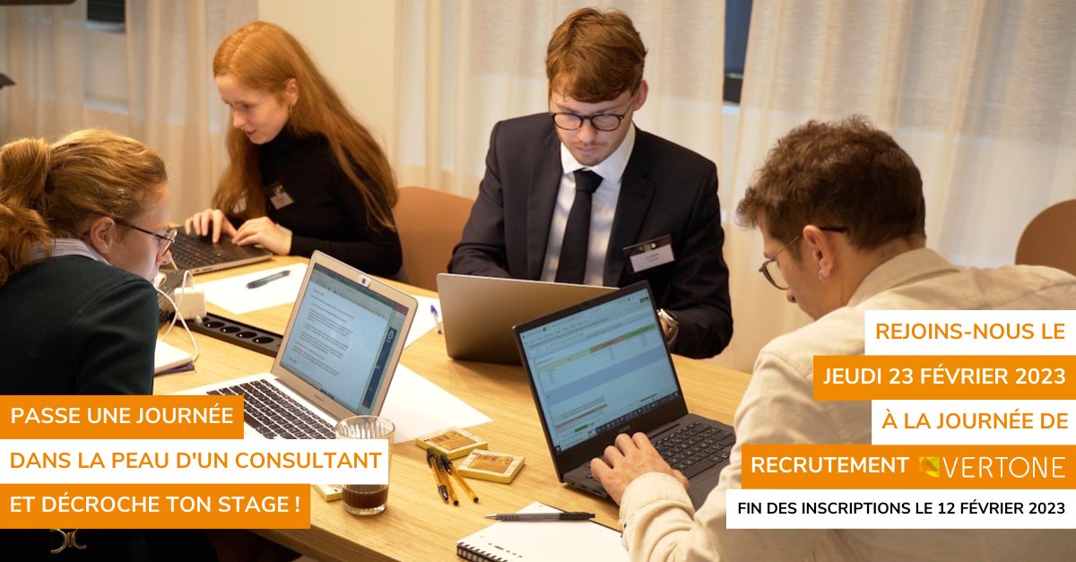 📢 Passe une journée dans la peau d'un consultant et décroche ton #stage avec la journée de #recrutement VERTONE
📅 Rejoins-nous le jeudi 23 février.
⏰ Inscriptions jusqu'au 12 février.
📩 Rendez-vous sur le site de VERTONE pour postuler
👉 hubs.li/Q01y56GG0