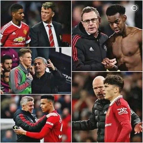 Utdtruthful's tweet photo. Manchester United Managers and their academy discovery 👶: 

1️⃣ Louis Van Gaal 🤝 Marcus Rashford
2️⃣ José Mourinho 🤝 Scott Mctominay
3️⃣ Ole Gunnar Solskjaer 🤝 Mason Greenwood
4️⃣ Ralf Ragnick 🤝 Anthony Elanga
5️⃣ Erik Ten Hag 🤝 Alejandro Garnacho https://t.co/qYIlLcJymV