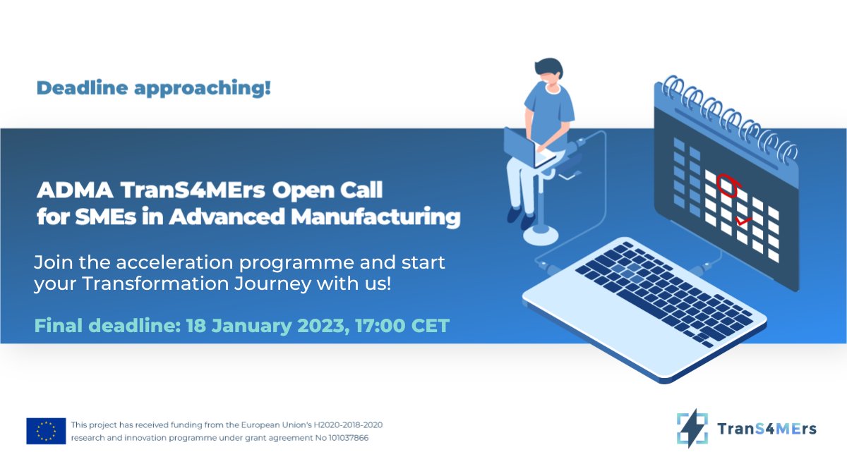 ADMA_TranS4MErs's tweet image. ⏰Registrations for our 1st #OpenCall close on Wednesday 18 Jan!
Receive 🇪🇺 funds to work with a dedicated #TranS4MEr on your tailored #SME #digitalisation plan, join our #network & take the next step into becoming a #FactoryoftheFuture
Start your journey👉f6s.com/adma-trans4mer…