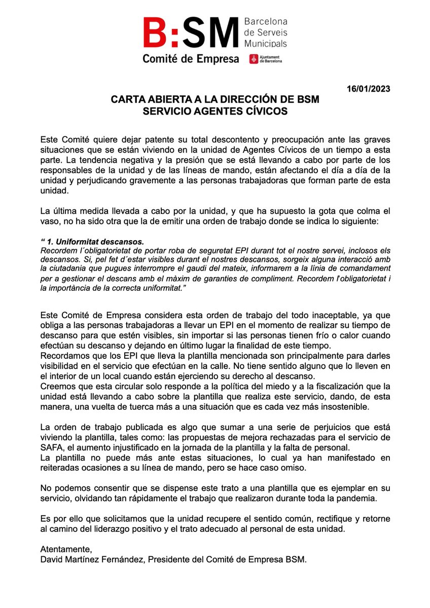 Publicamos carta abierta entregada a la Dirección de BSM sobre el servicio de #AgentesCívicos #BarcelonadeServeisMunicipals <a href="/jaumecollboni/">Jaume Collboni</a>