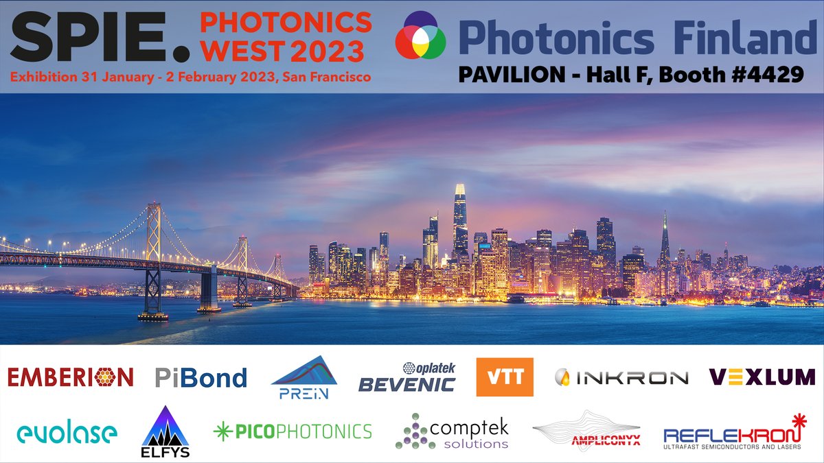 Meet Finland's Finest at Photonics West 2023 - Photonics Finland Pavilion - Hall F, Booth #4429! bit.ly/3Xc7dhO

#photonics #photonicseu #photonicsfinland #fotoniikka #technology #optics #laser