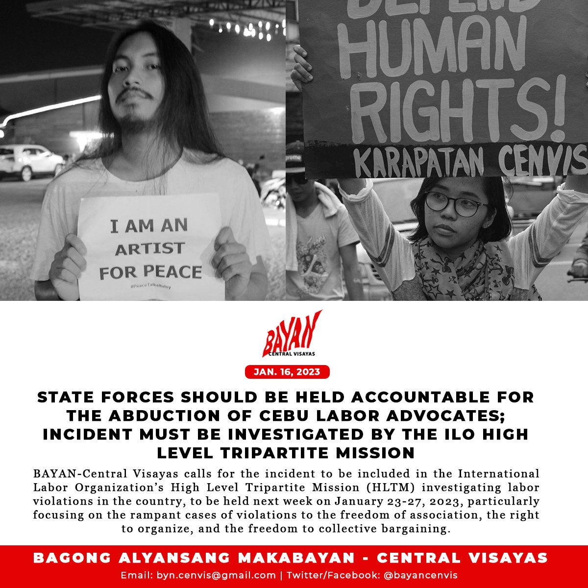 BayanCenvis's tweet photo. BAYAN-Central Visayas strongly condemns the abduction of labor rights advocates Dyan Gumanao and Armand Dayoha by police forces. We call for an independent investigation into the incident and for state forces to be held accountable! #StopTheAttacks

READ: https://t.co/q2hKOrWHc0 https://t.co/ZUKwQwhADX