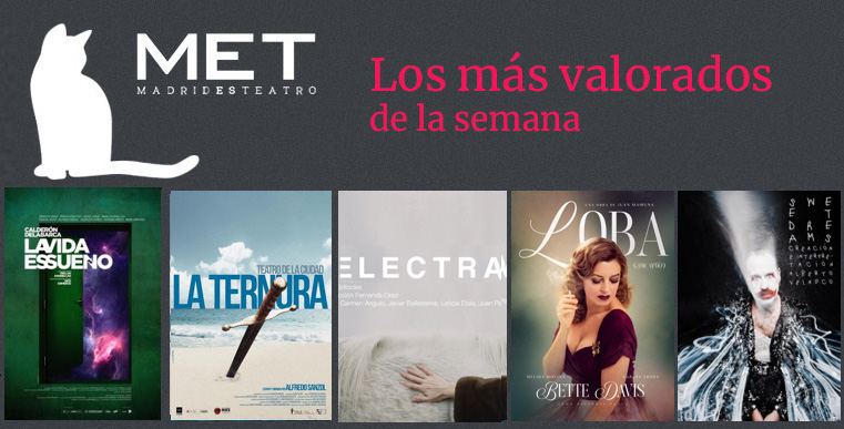 #Losmasvalorados #teatro #Madrid:
# 1 LA VIDA ES SUEÑO  <a href="/TEATROCLASICO/">Teatro Clásico - CNTC</a>
# 2 LA TERNURA <a href="/Teatro_Infanta/">Teatro Infanta Isabel</a>
# 3 ELECTRA <a href="/teatroabadia/">Teatro de La Abadía</a> 
# 4 LOBA <a href="/nave_73/">Nave73</a> 
# 5 SWEET DREAMS <a href="/nave_73/">Nave73</a> 
 madridesteatro.com