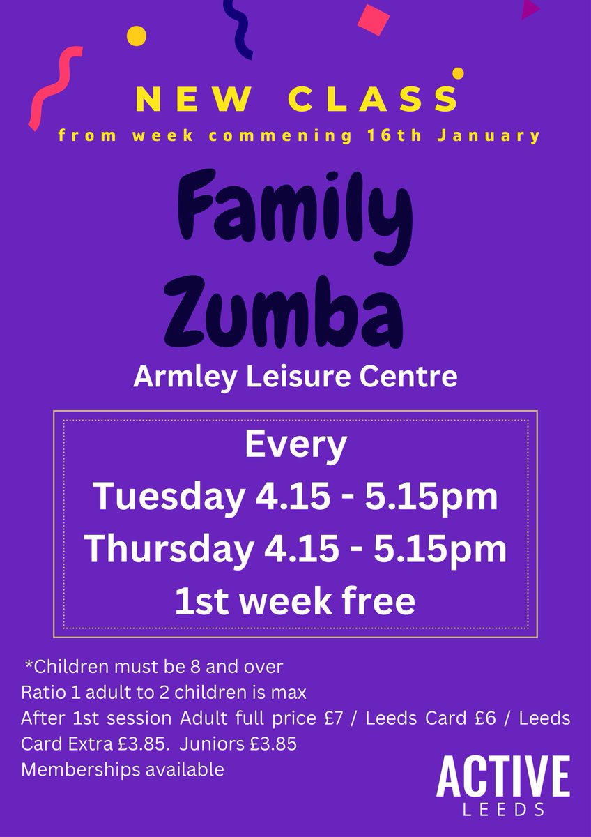 New Family Zumba Class At Armley starting this week! Classes suitable for ages 8+. 2 children to each adult. Children must be accompanied by an adult (and an adult needs a child). First session is free!! A great way to have fun and move with your family! @ActiveLeeds