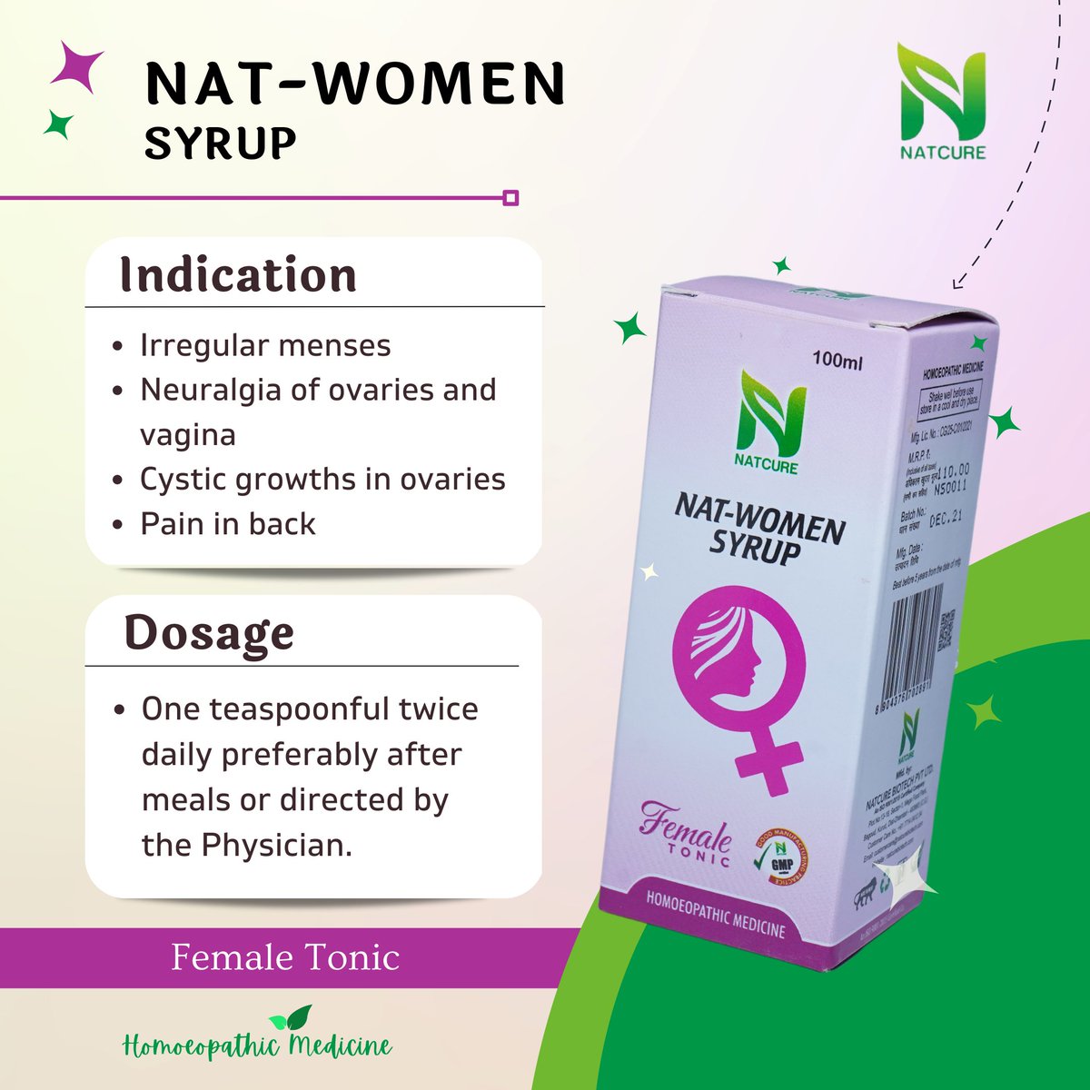 NAT - WOMEN

Indication

. Irregular menses
. Neuralgia of ovaries and vagina
. Cystic growths in ovaries
. Pain in back

Dosage

. One teaspoonful twice daily preferably after meals or as directed by the physician.
.
#natcure #backpaininwomen #irregularperiods #irregularmenses