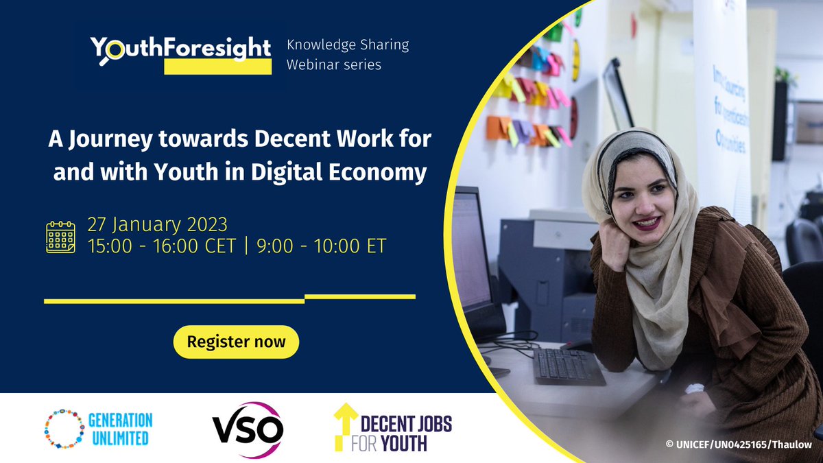 DecentJobsYouth's tweet photo. 📢 Don't miss out!

Upcoming #YouthForesight webinar: A Journey towards Decent Work for and with #Youth in #Digital Economy 👩‍💻 hosted jointly with @VSO_Intl &amp; @GenUnlimited_ 

📅 27 January
🕒 15:00-16:00 CET / 9:00-10:00 ET

Register today✅https://t.co/YM4x2gBQcR https://t.co/CJfrXcPTv5