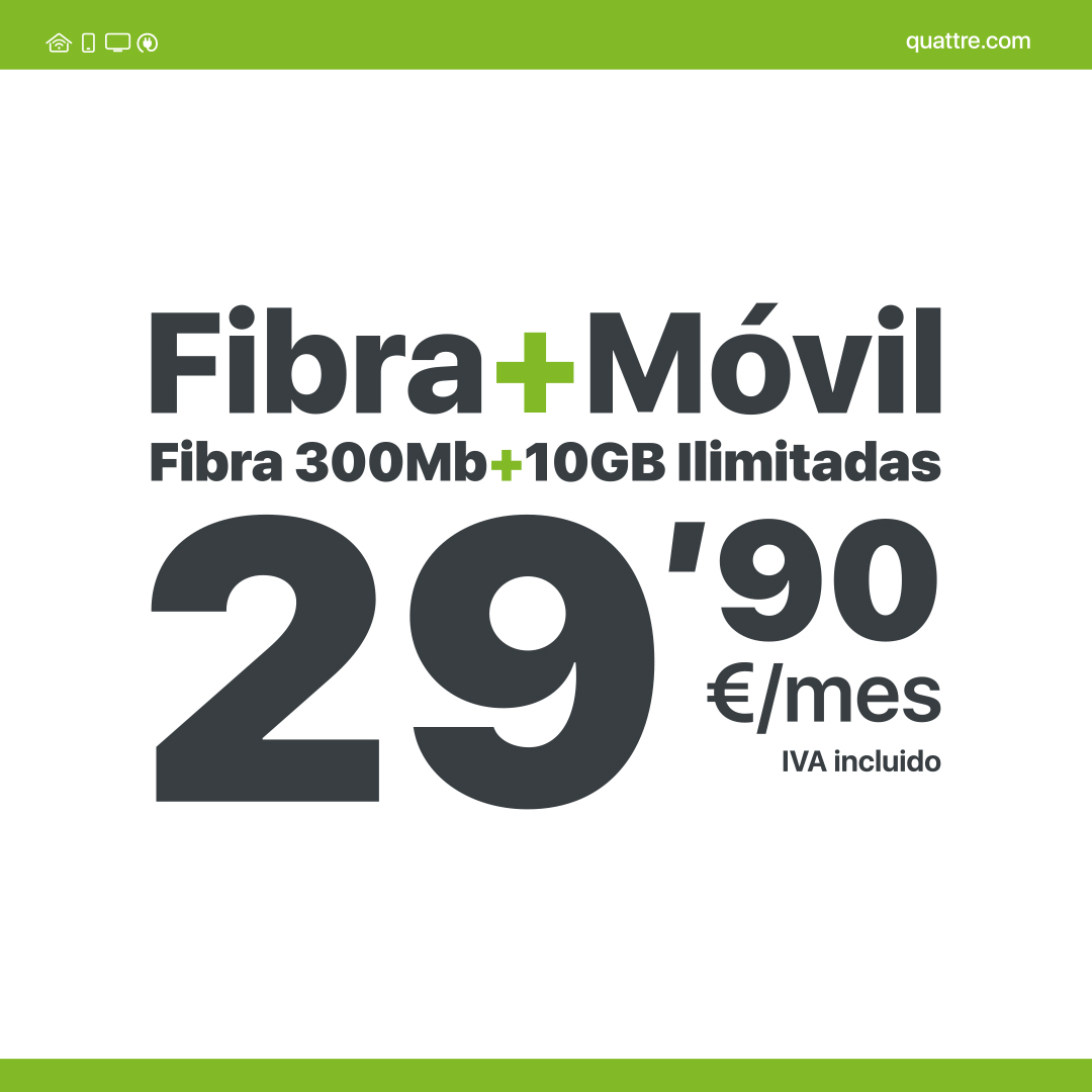 #MiniPack #FibrayMóvil 

¿Gastas pocos Gb en tu móvil? 🤔

✅ 300Mb de fibra óptica simétrica
✅ 10Gb para navegar en tu móvil, ¡Ahora con cobertura Movistar! 😬

Añade más líneas si las necesitas 🥳

WhatsApp 📲 quattre.com/tiendas
☎ 96 112 63 46
quattre.com