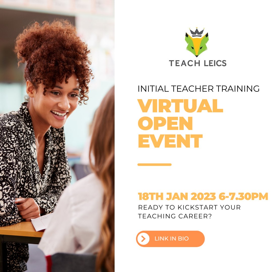 TEACH LEICS VIRTUAL OPEN EVENT TO FIND OUT ABOUT TEACHER TRAINING OPPORTUNITIES IN LEICESTER AND LEICESTERSHIRE!

Book here: Train-to-teach-event.eventbrite.co.uk

#getintoteaching #becomeateacher #leicestershire #leicester #school #makeadifference