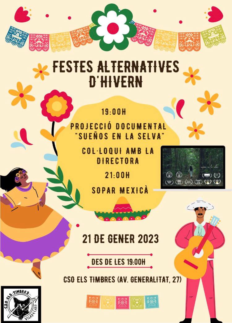 CSOelsTimbres's tweet photo. Aquest dissabte 21, festa major d'hivern de Viladecans, el nostre petit Centre Social acull un gran documental! 🎥
Tindrem a la directora @MarianaAzcarate, vinguda de Mèxic, per presentar el seu guardonat documental "Sueños en la selva", seguit col·loqui, sopar i kafeta mexicana. https://t.co/DDUU881wwV