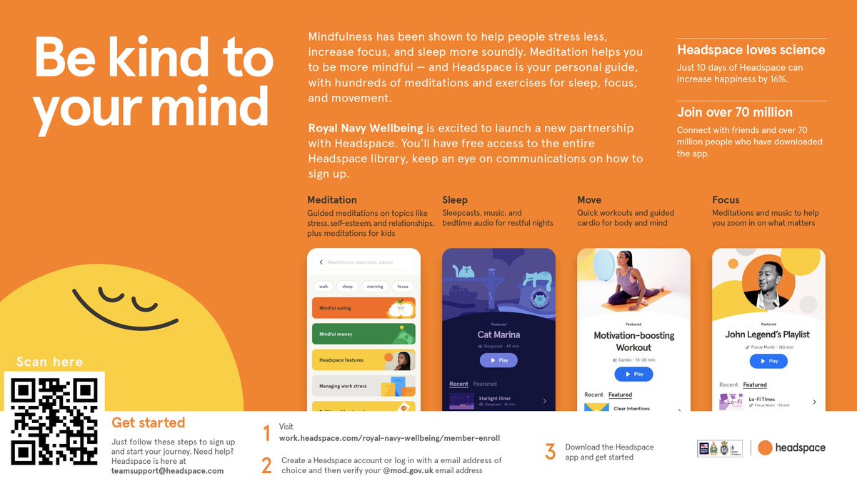 Royal Navy Health &amp; Wellbeing are excited to announce the renewal of our partnership with Headspace! From today all RN/RM personnel will continue to have free access to the entire Headspace Library. 

See RNTM 07-003/23 for further details or sign up at ow.ly/7QFE50MpeHK.