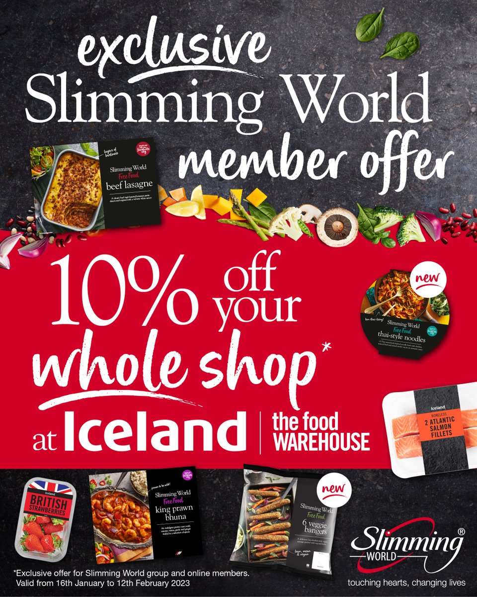 SlimmingWorld's tweet photo. Save £££ as you lose pounds! From today, #SlimmingWorld members can get 10% off their entire shop @IcelandFoods and @FoodWarehouse π! This in-store promotion is available on everything in your basket β including our #MySWFrozen range. Happy shopping! #YesYouCanWithSlimmingWorld https://t.co/yWqaSVk5ZV