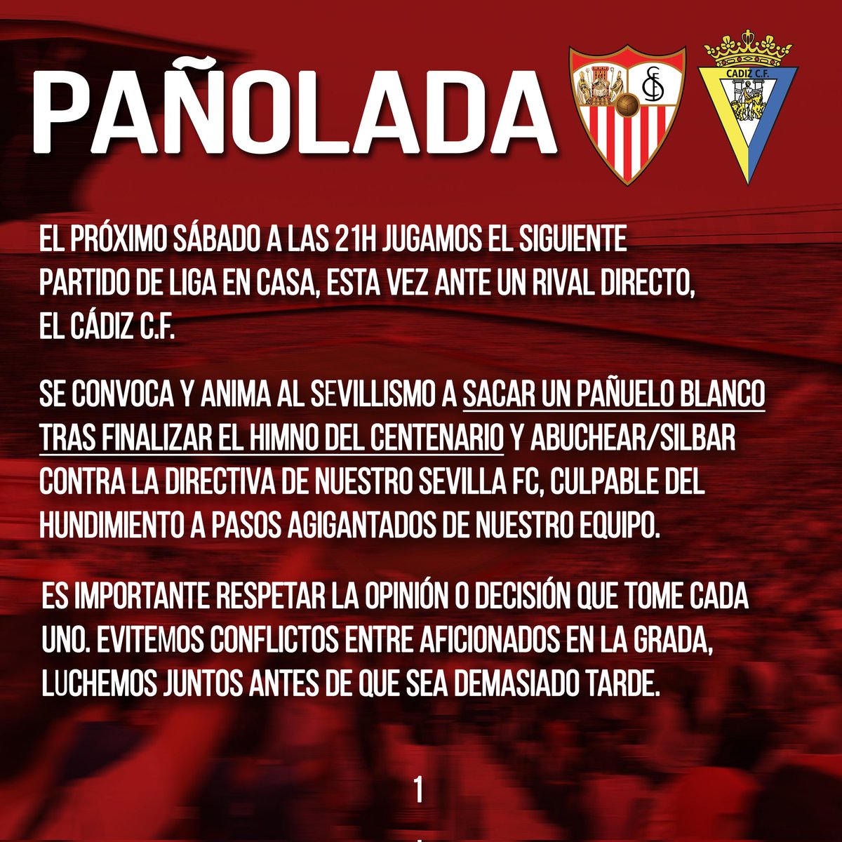 SVQBRS1's tweet image. 🏳 Pañolada contra la directiva en el próximo partido en casa (21/01).

🔁 Comparte.