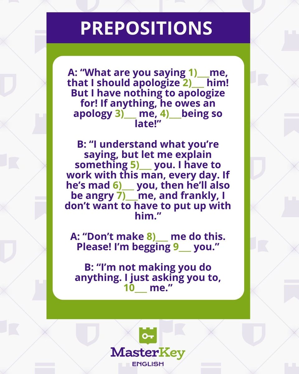masterKeyingles's tweet photo. Answers:
to, to, to. for, to, at. with, —, —, for

#businesswriting #technicalwriting #freelancing #clasesdeingles #expression #english #grammar #vocabulary https://t.co/4F8WrS1T5N