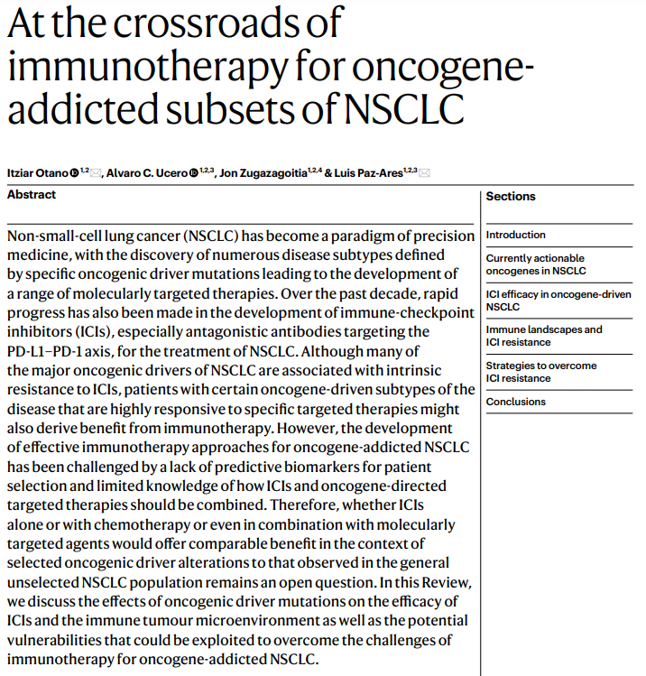 NatRevClinOncol's tweet photo. In a new Review, Itziar Otano, @AcUcero, @jon_zuga &amp; @LuisPaz_Ares critically appraise the potential of immunotherapy for oncogene-addicted subsets of NSCLC: https://t.co/sXhhJUICs9
 @CNIOStopCancer @unicomplutense @CIBERONC
@UAI_imas12 #imas12 #medonc #ImmunoOnc #LCSM https://t.co/aD8iT0AKXS