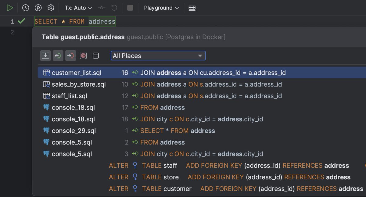datagrip's tweet photo. You can view the list of all usages of a table, column, or key across the whole project, and quickly navigate to the selected item. Place the caret at a symbol and then press Opt+Cmd+F7 (Ctrl+Alt+F7) or choose Edit | Find Usages | Show Usages. #DataGripTips https://t.co/D3EmhK5EDS