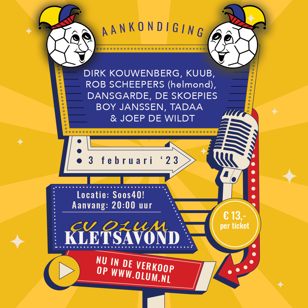 Kletsavond C.V. Olum🎉 

🤡Op vrijdag 3 febr: zal de crème de la crème van de kletsers acte de présence geven in Soos40. Helmondse en Brabantse top kletsers en top amusement vormen de hoofdingrediënten. Kaarten bestellen:

ditishelmond.nl/events/kletsav… 

<a href="/CVOLUM/">CVOLUM</a> #carnaval2023 #helmond