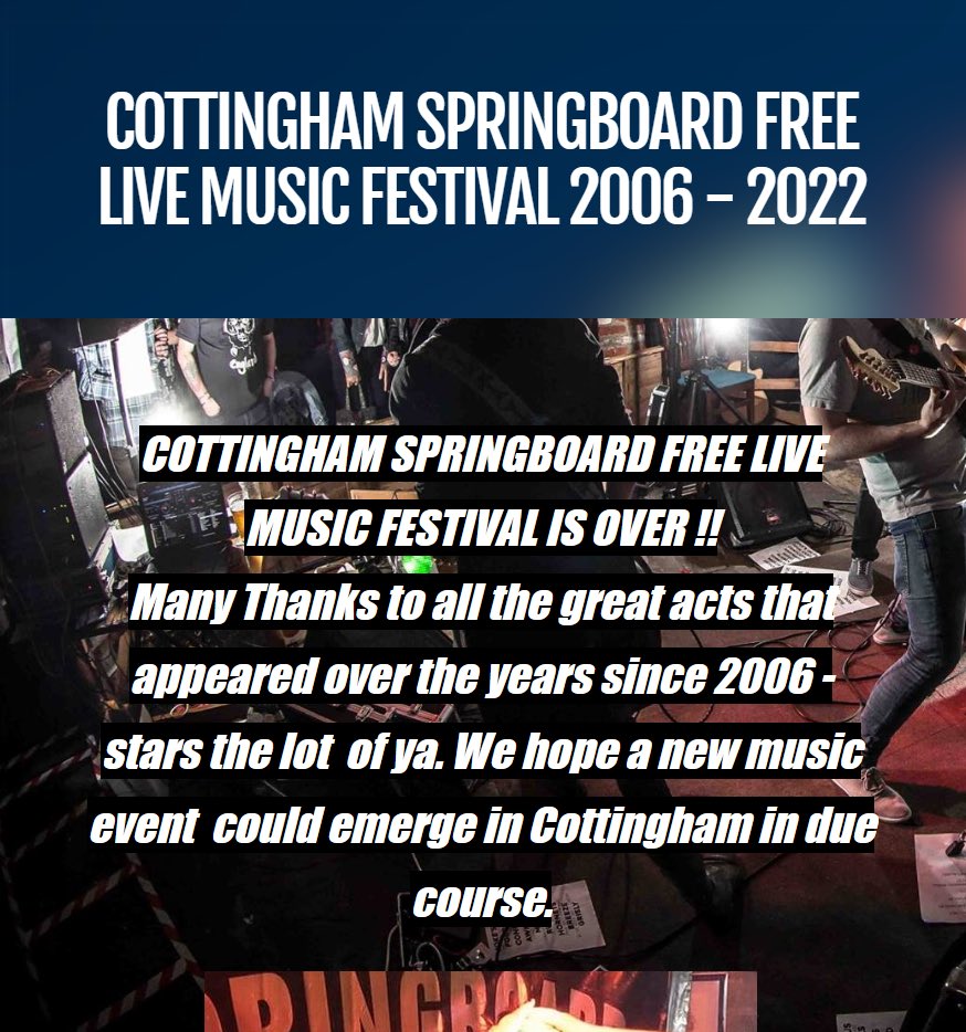 Is the Cottingham Springboard Festival history?? We are trying to see what might be happening with the legendary live music event <a href="/RadioHumberside/">BBC Humberside</a> <a href="/bbcburnsy/">David Burns</a> Let us know what you know 08000665959 or reply to this tweet. Thank you 😊