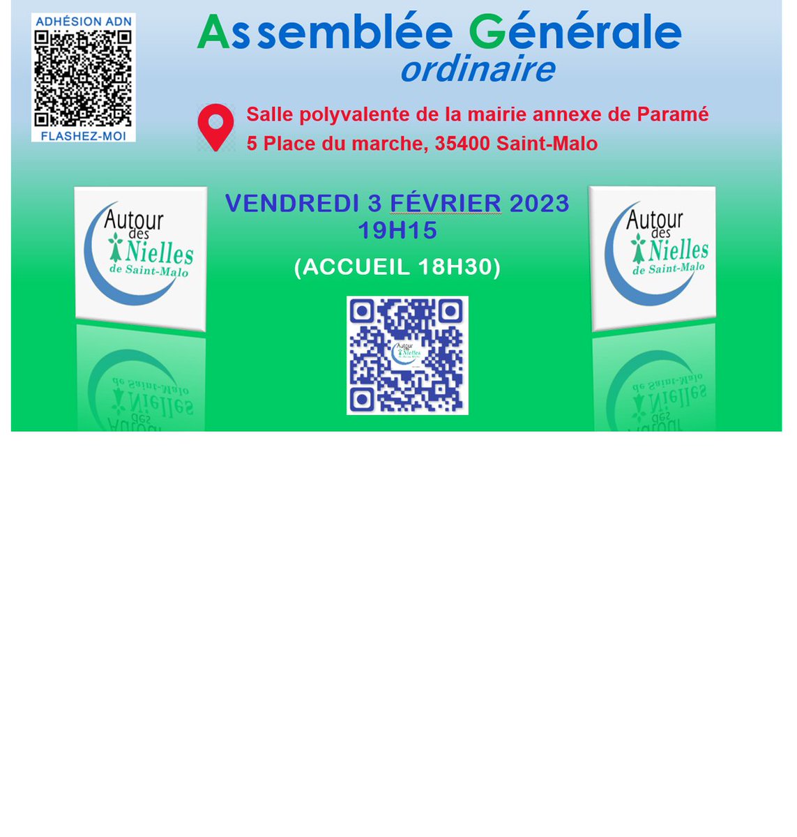 adn35400's tweet photo. Assemblée Général ADN, vendredi 3 février 2023 à 19h15 (accueil 18h30), Salle polyvalente de la mairie annexe de Paramé (Saint-Malo) #saintmalo  #ADN  #adn35400 #nielles https://t.co/tb5RGid9Vz
