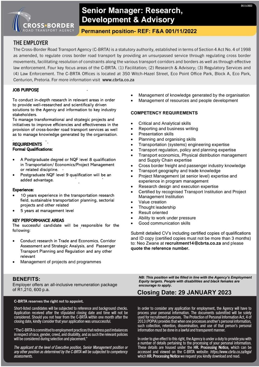 JobseekersSA🇿🇦 on Twitter "📌 Senior Manager Research Development & Advisory Submit CV