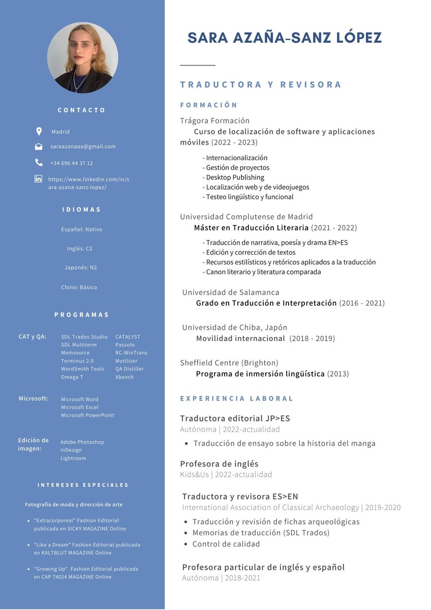 ¡Buenos días!😊No estoy muy activa por aquí, pero estoy buscando oportunidades tanto freelance como en plantilla y quería pediros ayuda. Soy traductora, revisora y correctora EN>ES y JA>ES especializada en el sector editorial y en localización software. ¡Mil gracias!