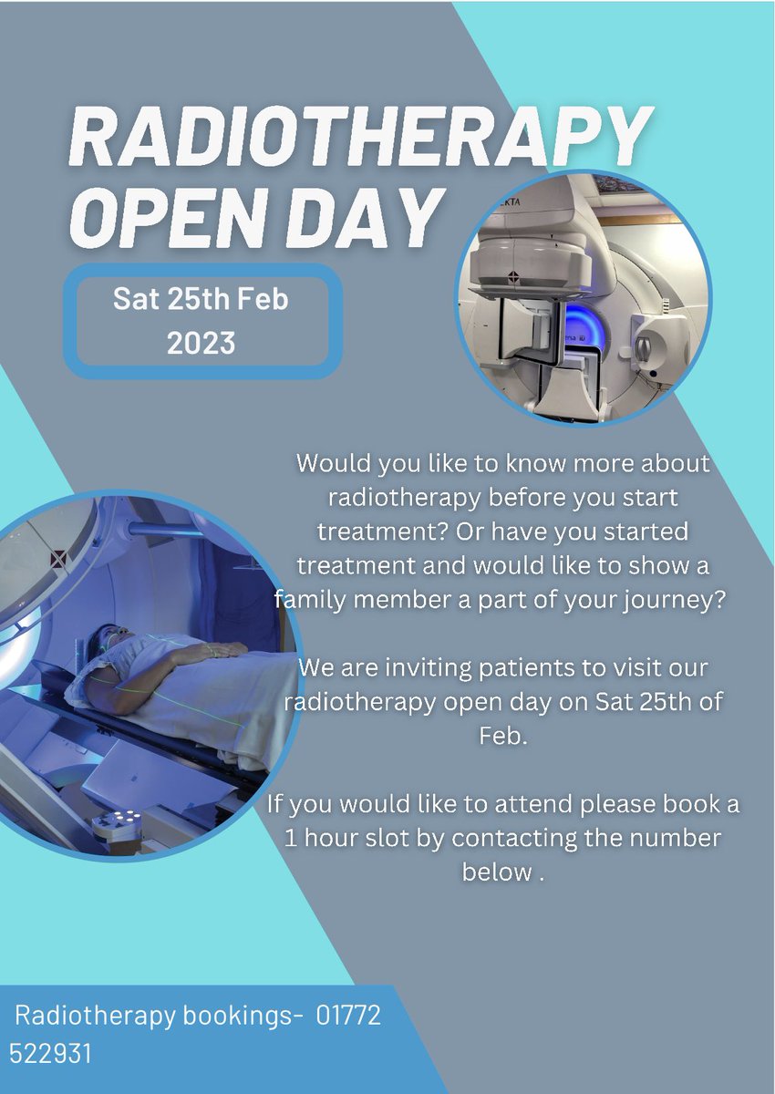 Are you starting radiotherapy treatment and would like to know more? Please come and join us on our first radiotherapy open day!! We are now taking bookings on the number below. <a href="/RosemereCF/">Rosemere Cancer Foundation</a> <a href="/info_macmillan/">PrestonMacmillanInfo</a> <a href="/LancsHospitals/">Chorley & Royal Preston</a>