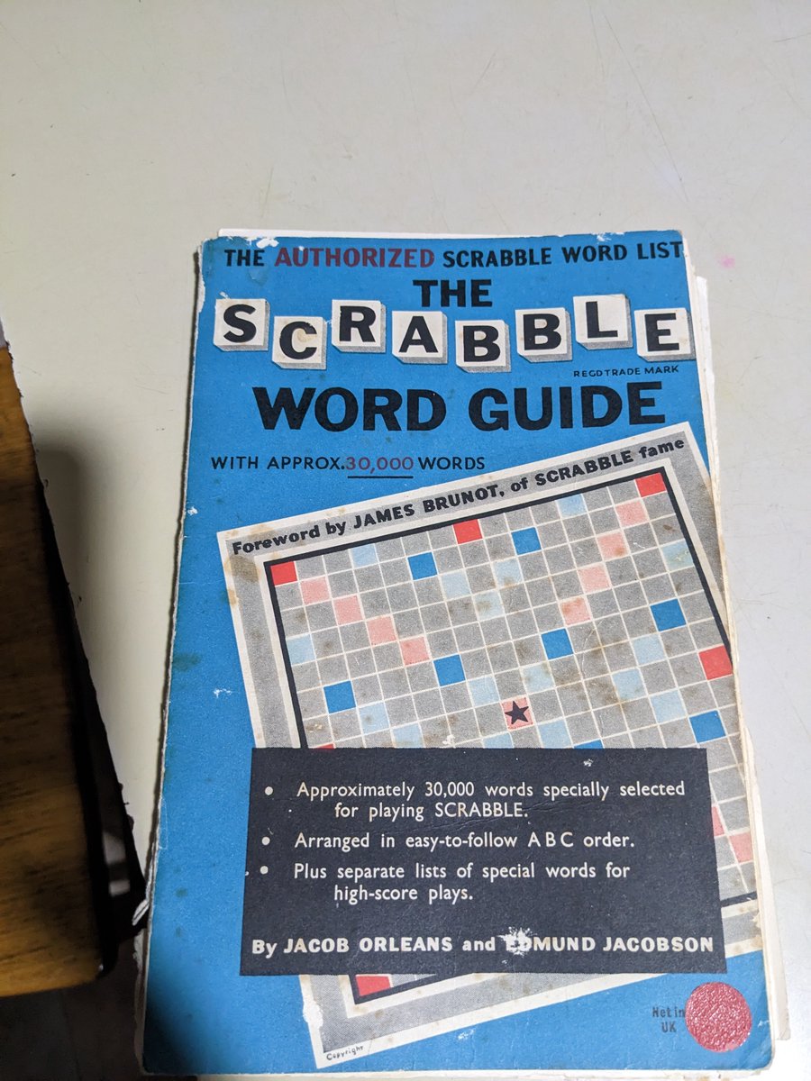 Scrabble word guide in use at my family holiday house since the 70s. Just noticed the selling points on the front.