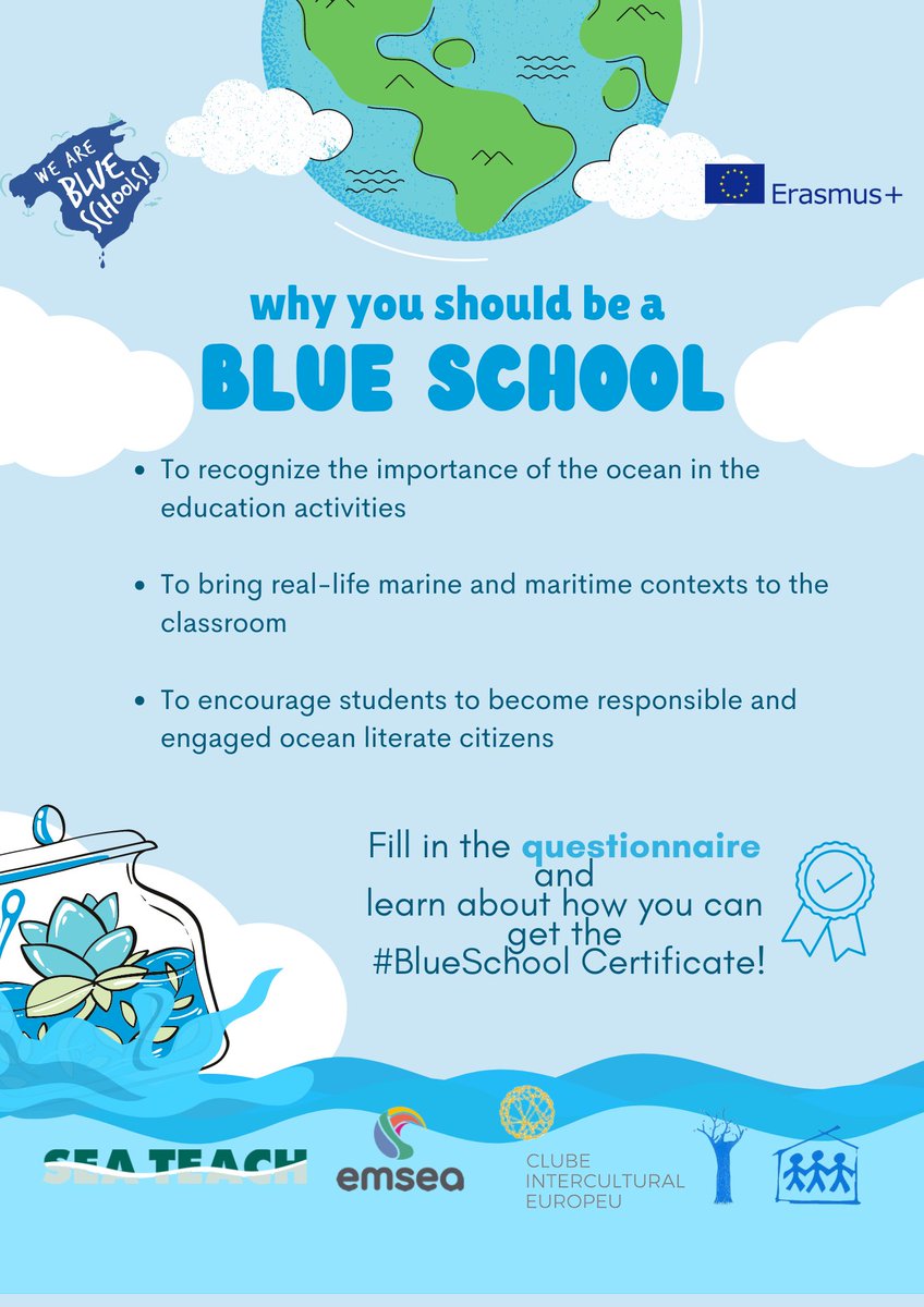 Do not miss the opportunity to become a Blue School!

Answer to this questionnaire and participate in the We are Blue Schools project
This project will help you getting the #BlueSchool certificate 📜

Link to questionnaire: lnkd.in/dnRGbbvE

#WeAreBlueSchools #ErasmusPlus