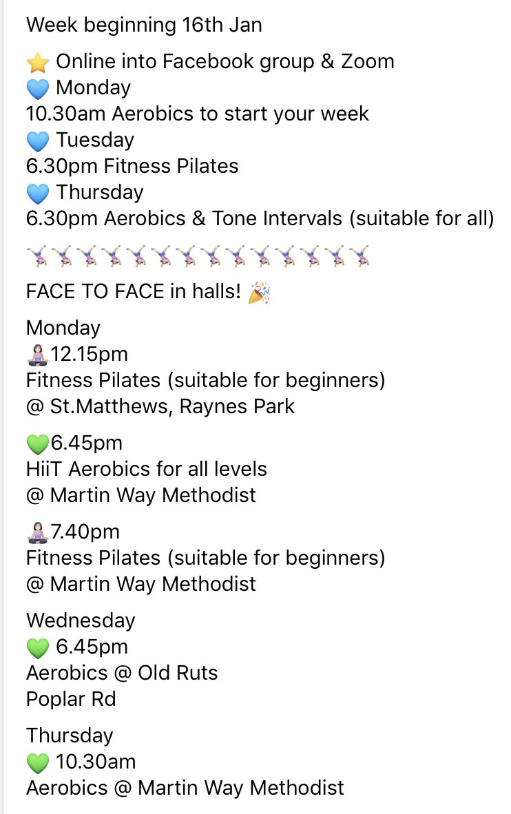 NatashaMurray37's tweet photo. Below is my full week of #fitness #pilates &amp; #aerobics #classes #ONLINE &amp; IN HALLS!! Please contact me to join up, it's fun!! fitnesswithnatasha@virginmedia.com https://t.co/cZnN6Me42t 
@WimbledonScene @WimbledonNews @MyWimbledonApp @WestWimbledon @MertonConnected @ladywimbledon https://t.co/KeJZpDHPCa