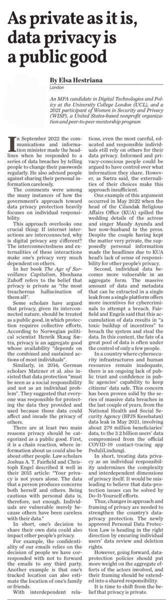 Your privacy is not yours alone and protecting it cannot be a DIY effort. Data about us can also be data about others, and one's decision to share their data might affect the privacy of others. My latest on why privacy is a public good is up on The Jakarta Post print and digital