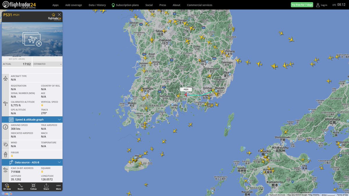 AIYeyENGDdJkjTr's tweet photo. Jan. 16, 2023
#Gimhae Air Base #Gunsan Air Base #Yellow Sea
#PS31 #71F808 ROKAF Unknow Aircraft https://t.co/0dqx0hO6Oa