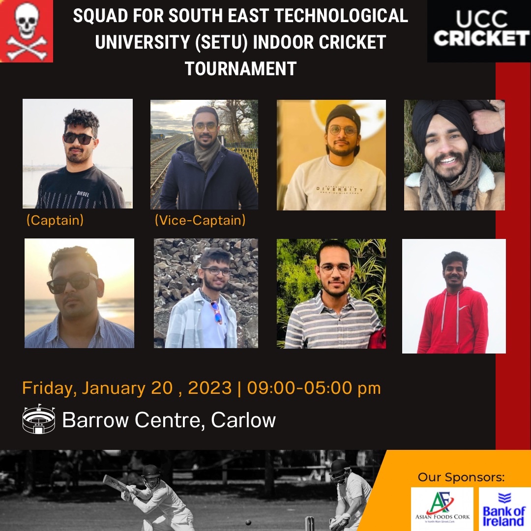 ucccricket's tweet photo. Our team for the upcoming SETU Indoor Cricket Tournament. Lads are excited and can't wait to go out there and have a great experience. 

Best of luck to the lad's selected. Hope you come back home with the 🏆.

Thanks to @UCCSport and @bankofireland for their support. https://t.co/PHPpGP9w7k