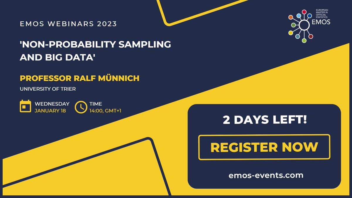 EU_EMOS's tweet photo. Only 2 days left until our third #EMOS webinar❗️
🔵When? This Wednesday, 18/1, at 14:00
🔵What? #Nonprobability #sampling and #bigdata
🔵Who? Prof. Dr. Ralf Münnich (@RMuennich), University of Trier (@TrierUni)
🔵Where? Zoom - Register now at https://t.co/ojK8ldo8TY https://t.co/gX46ttPWJ9
